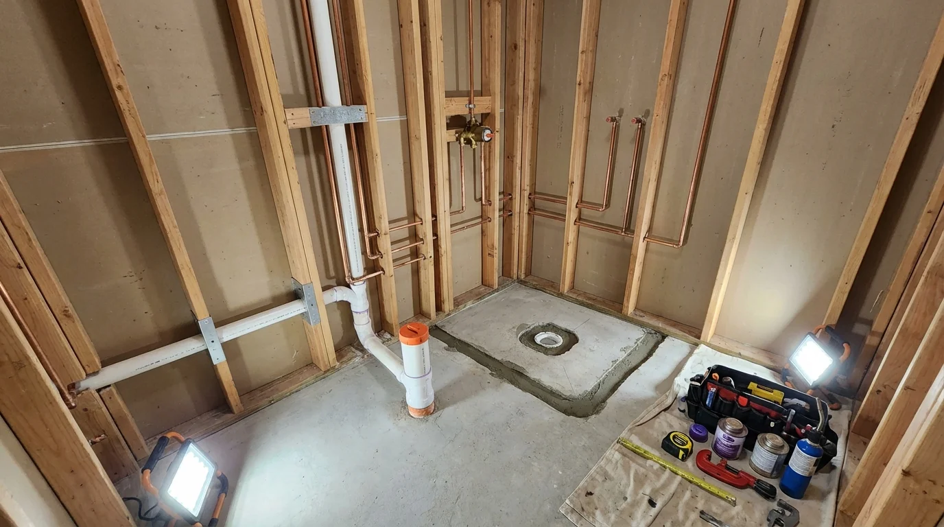 Bathroom rough-in plumbing during remodel by Johns Plumbing LLC in Margate City