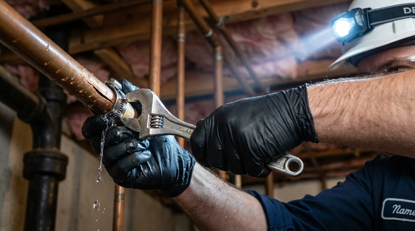 Emergency pipe clamp repair being performed by a Johns Plumbing LLC plumber in Margate City