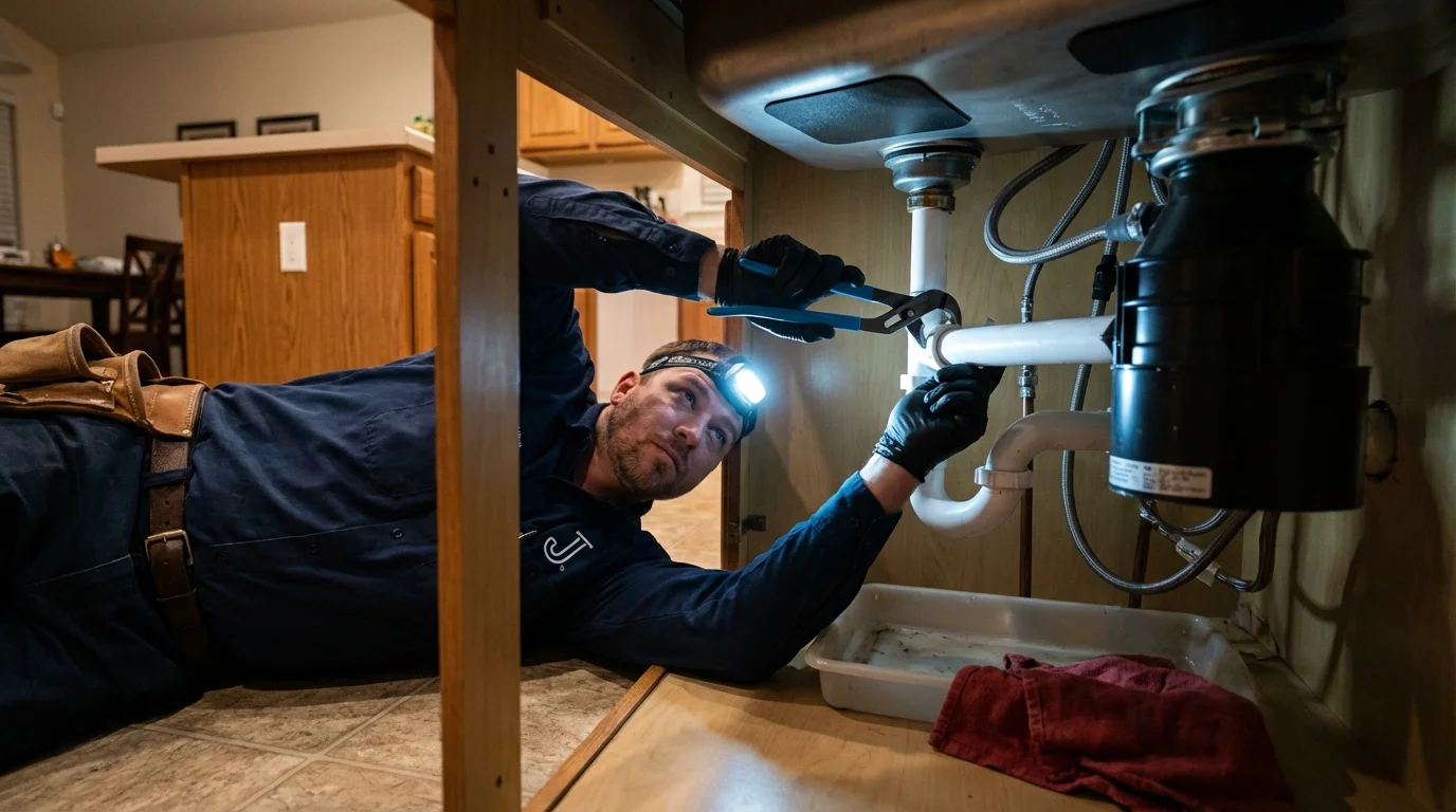 P-trap and supply line connections under a kitchen sink showing a common leak point in Margate City, NJ